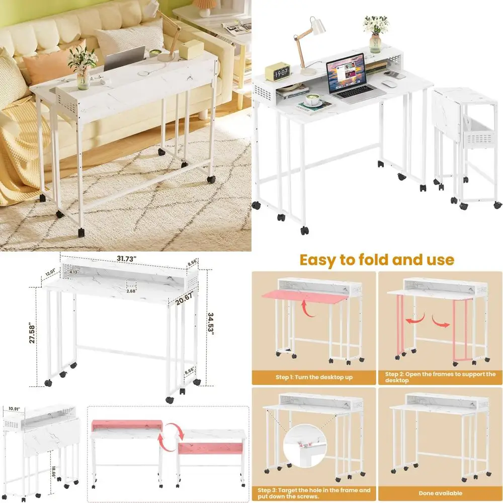 مكتب رخامي أبيض محمول مع مساحة تخزين للمكتب المنزلي، طاولة جانبية للأريكة، مناسبة للمساحات الصغيرة، 31.5 #1