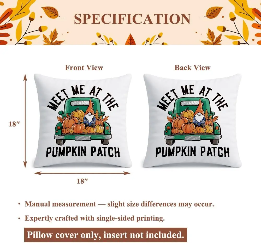Fall Gnome Throw Pillow Cover 18x18, Meet Me at The Pumpkin Patch, Rustic Farmhouse Pumpkin Truck Autumn Decor, Thanksgiving