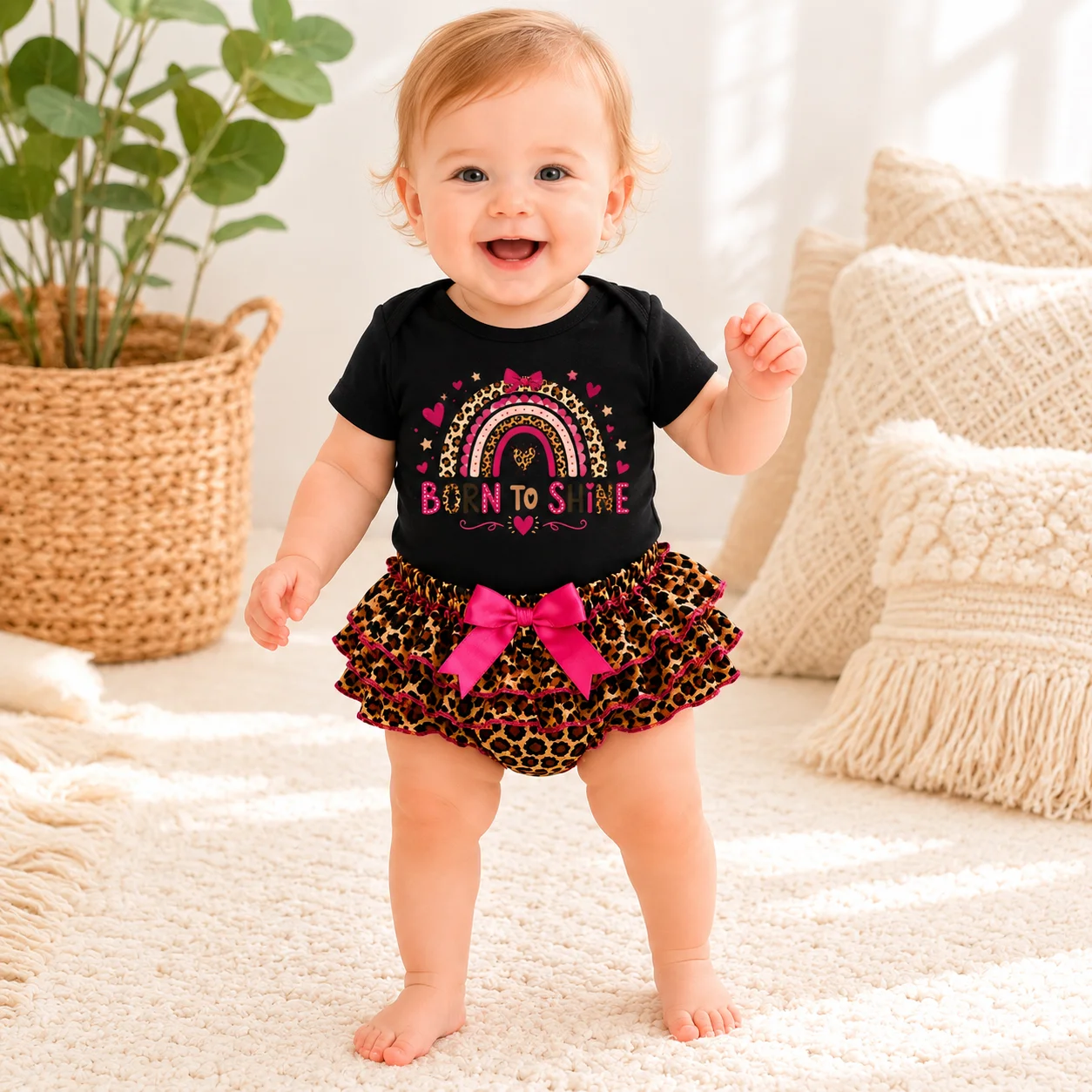 Baby Girl 2Pcs Outfit Born To Shine Leopard Rainbow Print Short Sleeve Onesie Ruffle Bloomer Shorts Set Newborn Summer Clothes