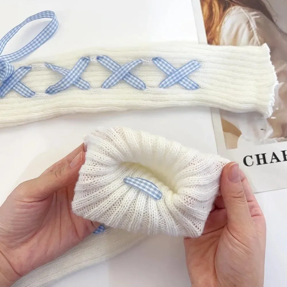 Women Cute Cross Bowknot Lace-up Leg Warmers Y2k Lolita Ballet Style Subculture Knitted Fabric Slimming Warm Slouchy Sock Covers