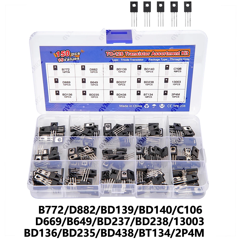 150PCS TO-126 Transistor Assortment Kit Pack B772 D882 BD139 B649 D237 D238 13003 BD136 BD235 BD438 BT134 2P4M D669 Component