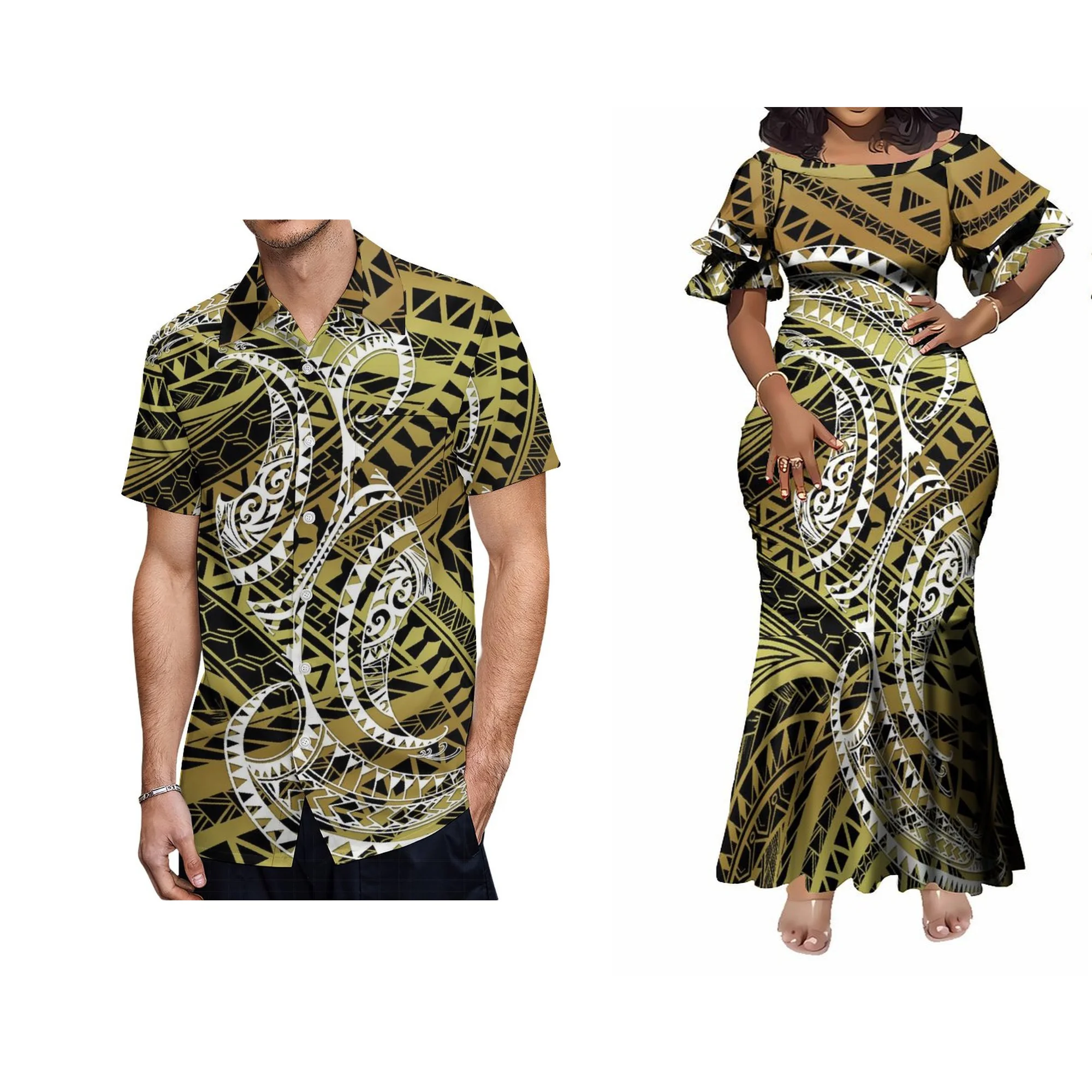 ชุดราตรีทรงหางปลาพิมพ์ลายดอกไม้สไตล์ฮาวายแบบขายส่ง ขนาดพลัสไซส์ แขนกลีบดอกไม้ ดีไซน์หรูหราสำหรับผู้หญิง