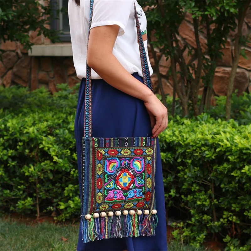 Hmong Vintage Ethnic Shoulder Bag Embroidery Boho Hippie Tassel Tote Messenger