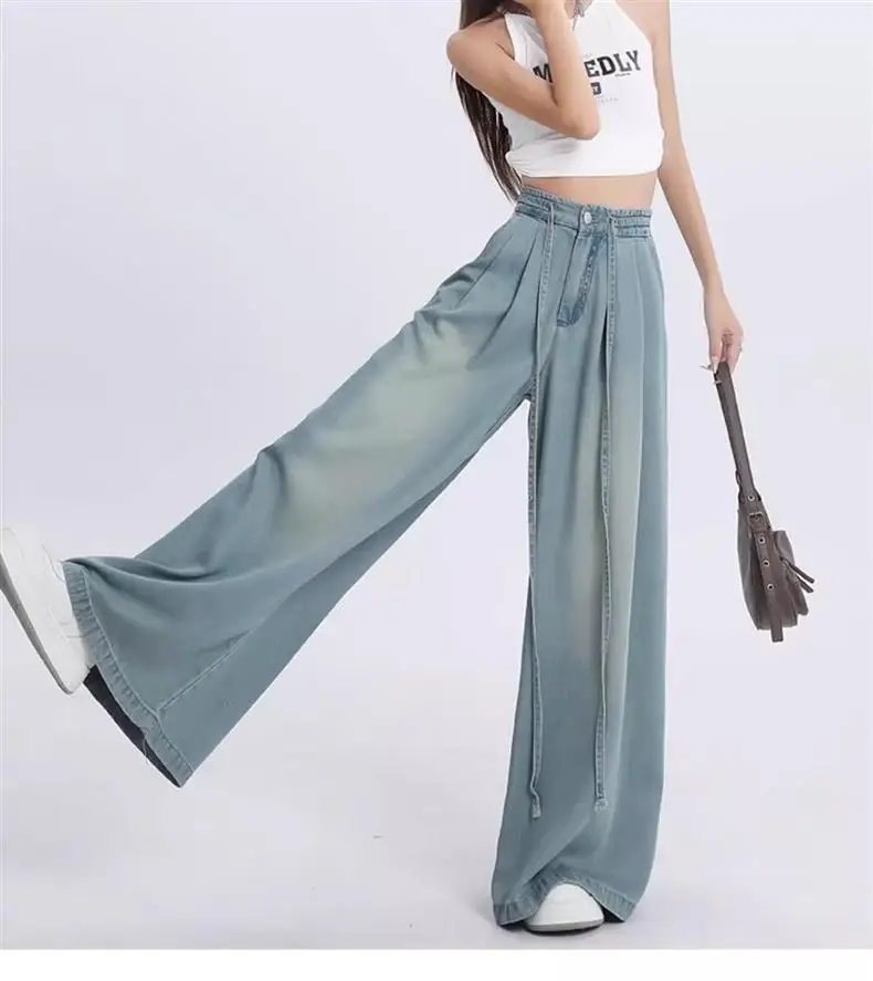 WL Women Fashion Light Blue Versatile High Waist Flattering Wide Leg Denim Long Pants with Drawstring Design