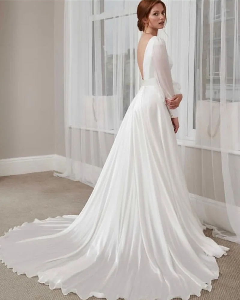 2023 nuovo semplice ed elegante abito da sposa in Chiffon o-collo Backless Lantern Sleeve Sweep Floor-Length Train abito da sposa Robe De Mariée