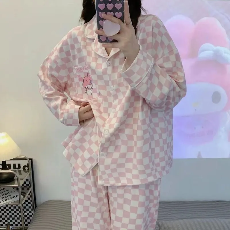 Модные весенне-осенние пижамы для девочек Ins Стиль аниме мультфильм милая моя мелодия шахматная доска с длинными рукавами длинные штаны комплект домашней одежды