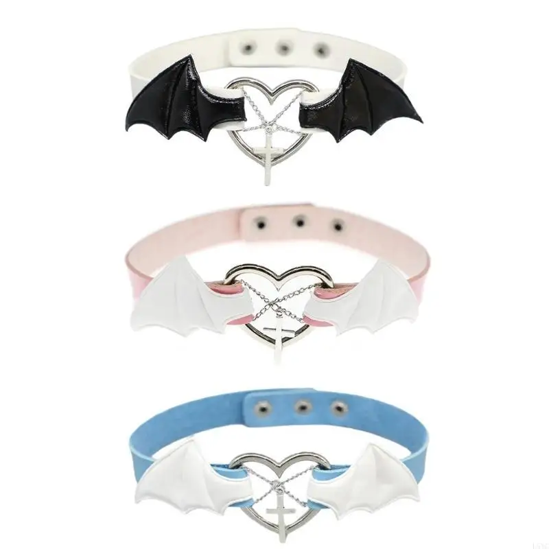 

L5YC Gothic Punk Devil Wing Heart Leg Garter Belt Adjustable PU Leather Choker Necklace with Crosses Pendant for Party Wear