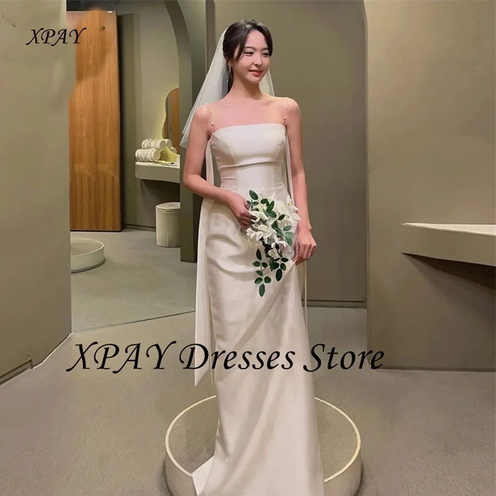 

XPAY Simple Strapless Korea Wedding Dresses Customized Pearls Spaghetti Strap Bride Photo Shoot Dress Long Mermaid Bridal Gown
