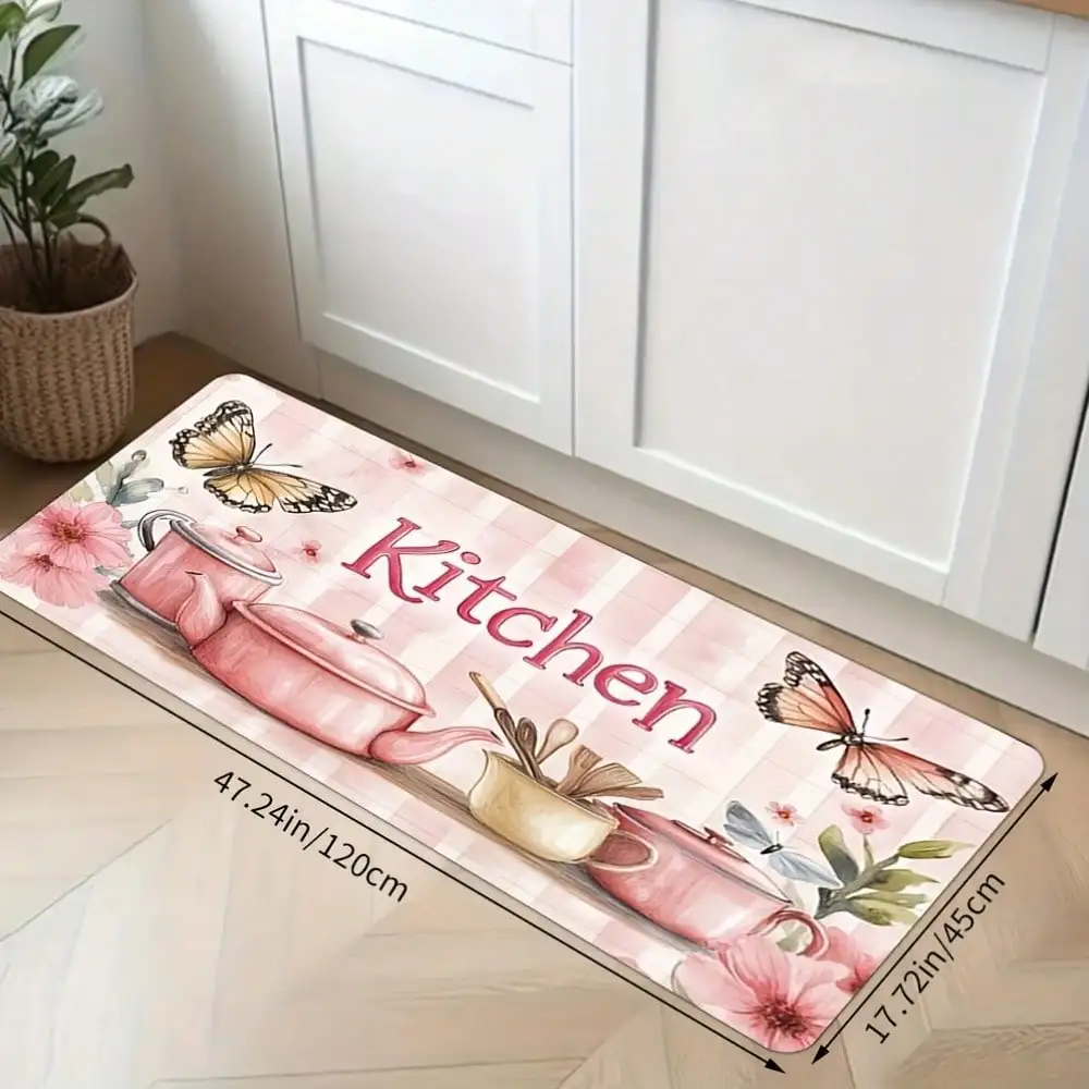 Pink Kitchen Door Mat - Butterfly & Flower Pattern Rug with Cookware Non-Slip Entrance Mat for Home Vintage Decor Multiple Sizes