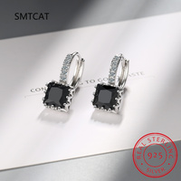 Cute Square Black Stone Hoop Earrings Trendy Female Rainbow Crystal Small Earring Dainty 925 Silver Wedding Earrings For Women