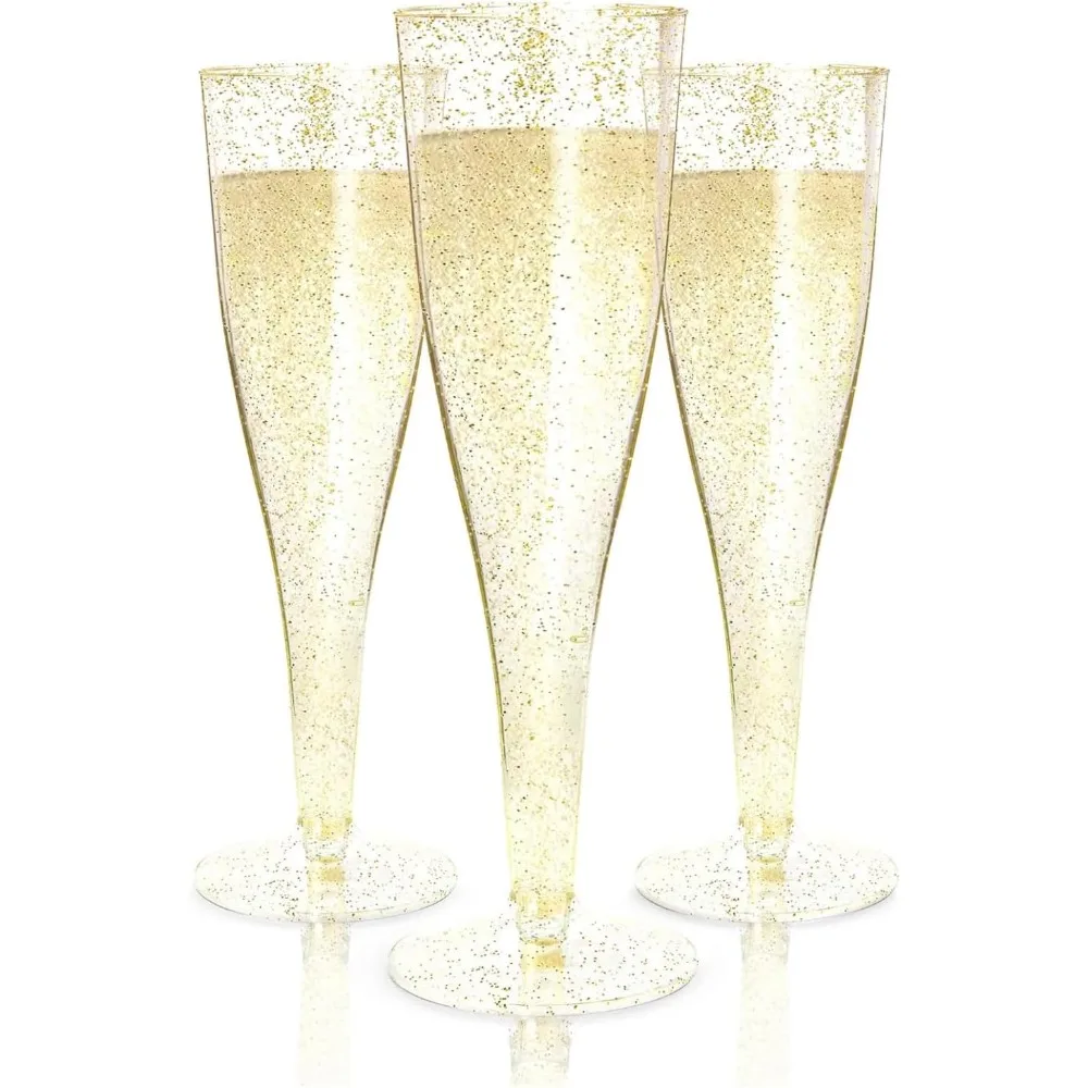 

100 Gold Plastic Champagne Flutes - 4.5 oz Disposable Champagne Glasses, Party Decorations, and Events