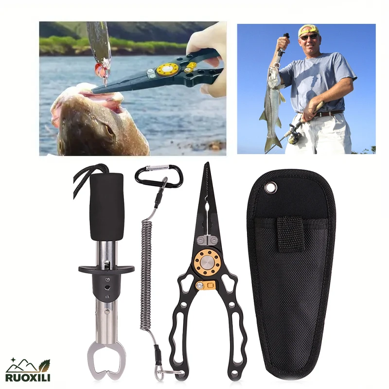 

4Pcs/ Set Fishing Gear Set Large Saltwater Fishing Tool Kit with Rubber Handle Lanyard Line Cutter and Hook Remover Sheath