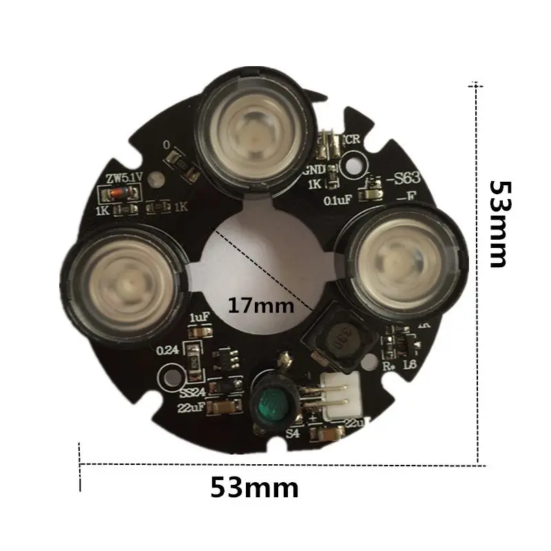 บอร์ด LED IR 3X อินฟราเรดไฟสปอร์ตไลท์3อาร์เรย์สำหรับกล้องวงจรปิดการมองเห็นได้ในเวลากลางคืน (เส้นผ่านศูนย์กลาง53มม.)