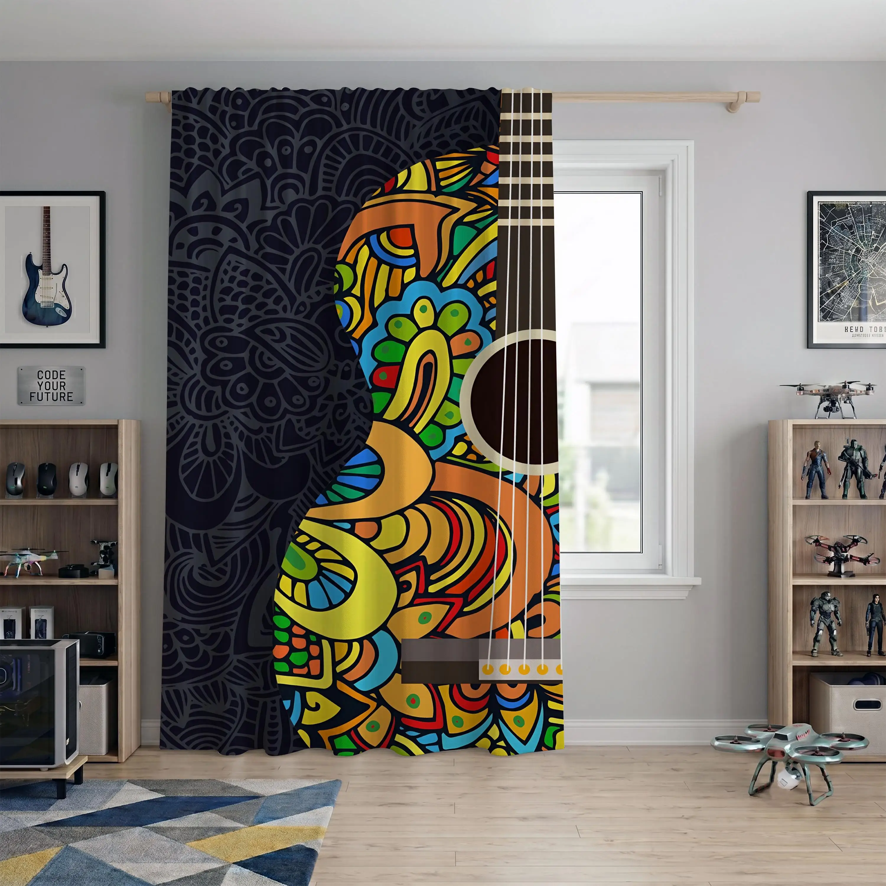 Vibrant Psychedelic Guitar Pattern Curtains for Living Room Home Decor Bohemian Style Window Drapes