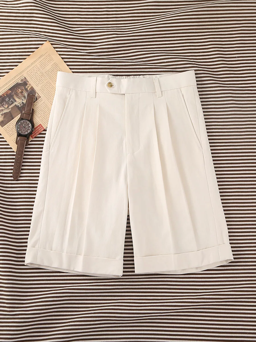 2026 Elastic Drawstring Waist Men's Italian Retro Beige Linen Casual Shorts - Relaxed Straight-Leg 5-Point Shorts