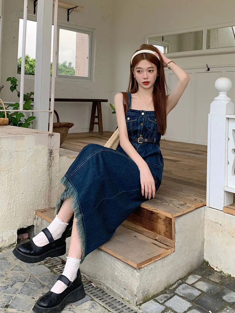 Suspender Denim Dress Paired Blouse Set Separately 2024 Summer V Neck Puff Sleeve Top Back Elastic Waist Dress