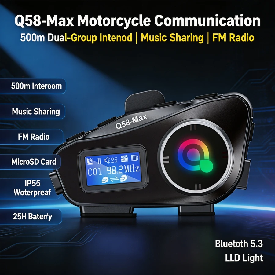 Helmet Bluetooth Interphone Set 500-Meter Range Fm Music Sharing Long Battery Life Flashlight Designed for Riders