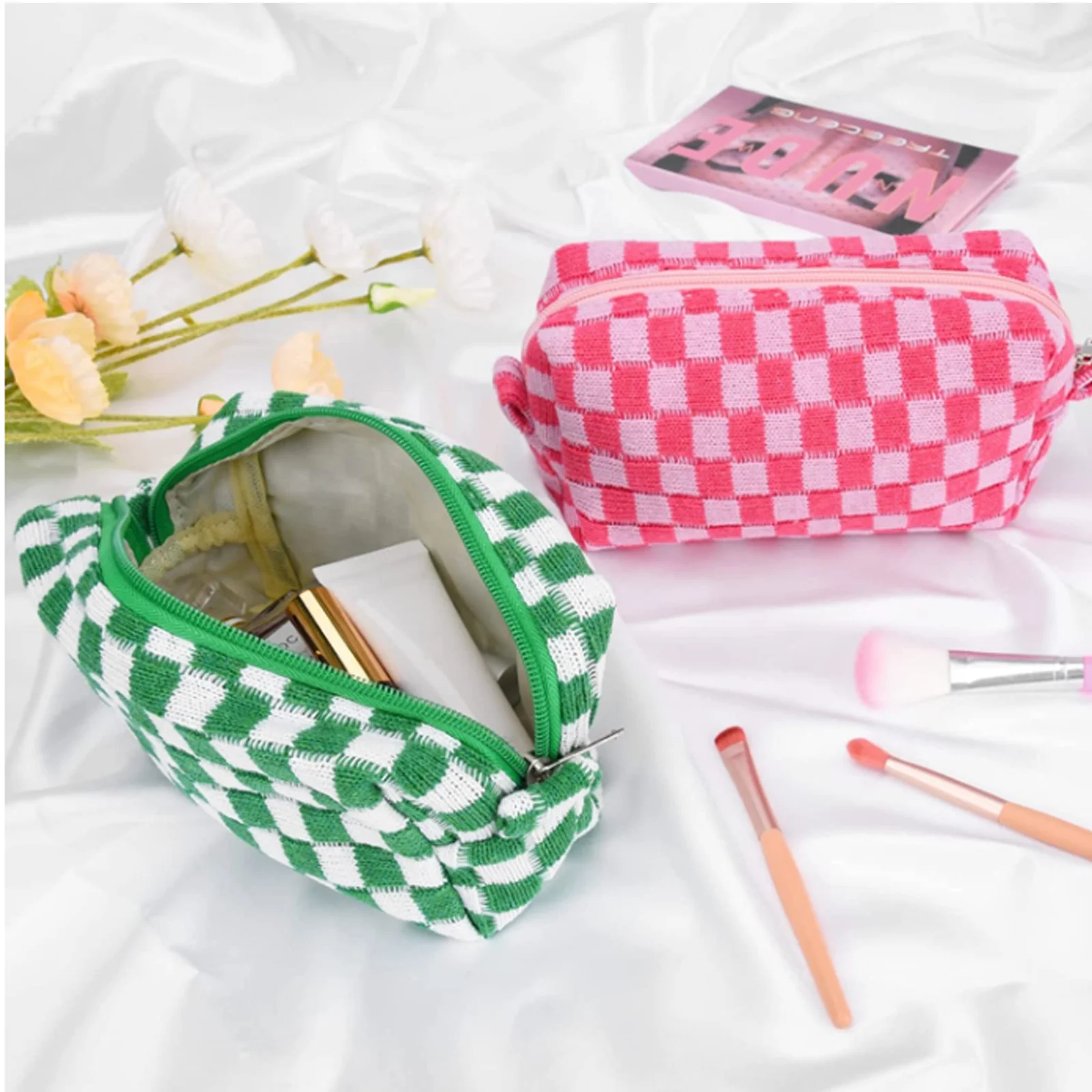 Korean Checkerboard Knitted Cosmetic Bag Hit Color Wool Plaid Pencil Bag Large Capacity Pen Case Cosmetic Stationery Storage bag