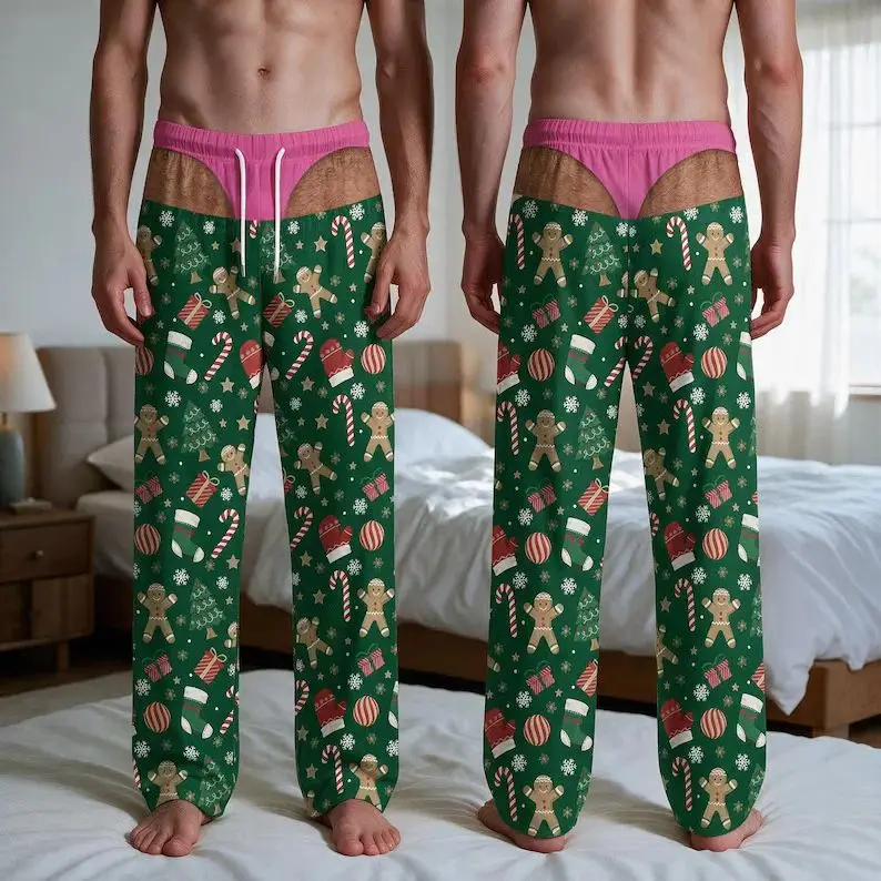 2026 Autumn Funny Christmas 3D Print Pajama Pants for Men Green Plaid Fake Butt Underwear Graphic Lounge Trousers Christmas Gift
