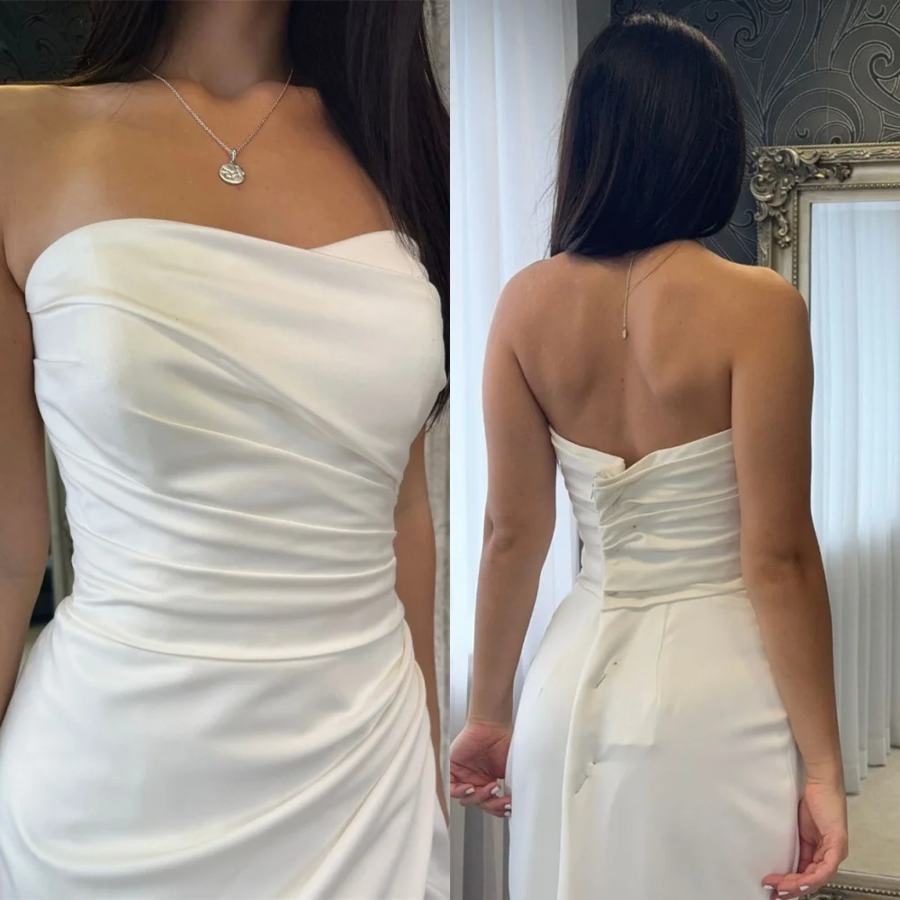Vestidos de novia de Jersey blanco personalizados, vestidos de novia de sirena de manga larga desmontables sin tirantes simples, vestido de tren de barrido