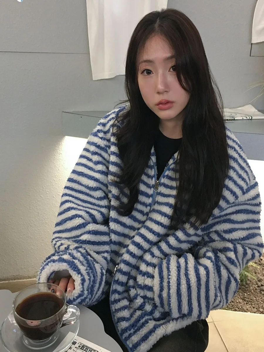 Coreano Sle Winter Faion Fre Stripes Colletto alla coreana Doppia cerniera Design pigro Casual Pelliccia di agnello Felpa Jaet Donna