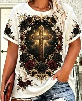 Women Christian Cross He Is Risen Print T‑Shirt Dove Purple Flower Sky O‑Neck Short Sleeve Tops