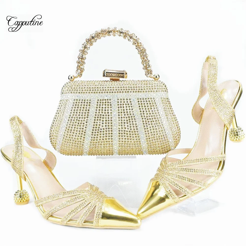 

Gold Women Shoes And Bag Set African Ladies Pointed Toes Pumps Match With Handbag Sandals Clutch Sandals Femmes Sandales GL31