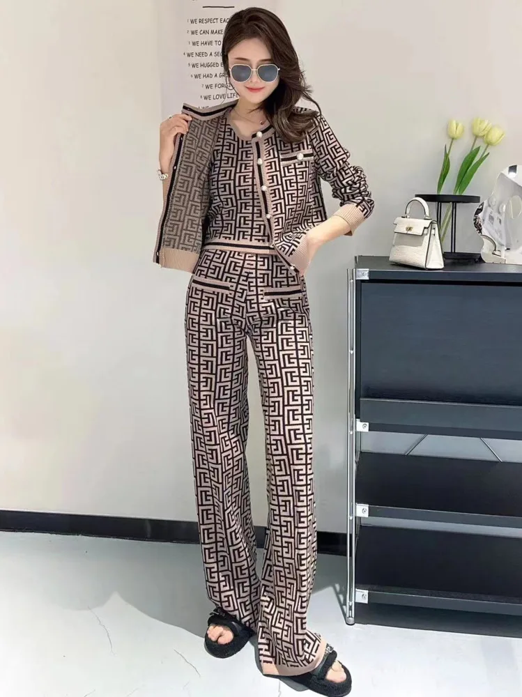 Fashion Retro Suit Women Maze Plaid Temperament Chic O-collar Belt Knit Cardigan Top Three-piece + High Waist Wide Leg Pants Set