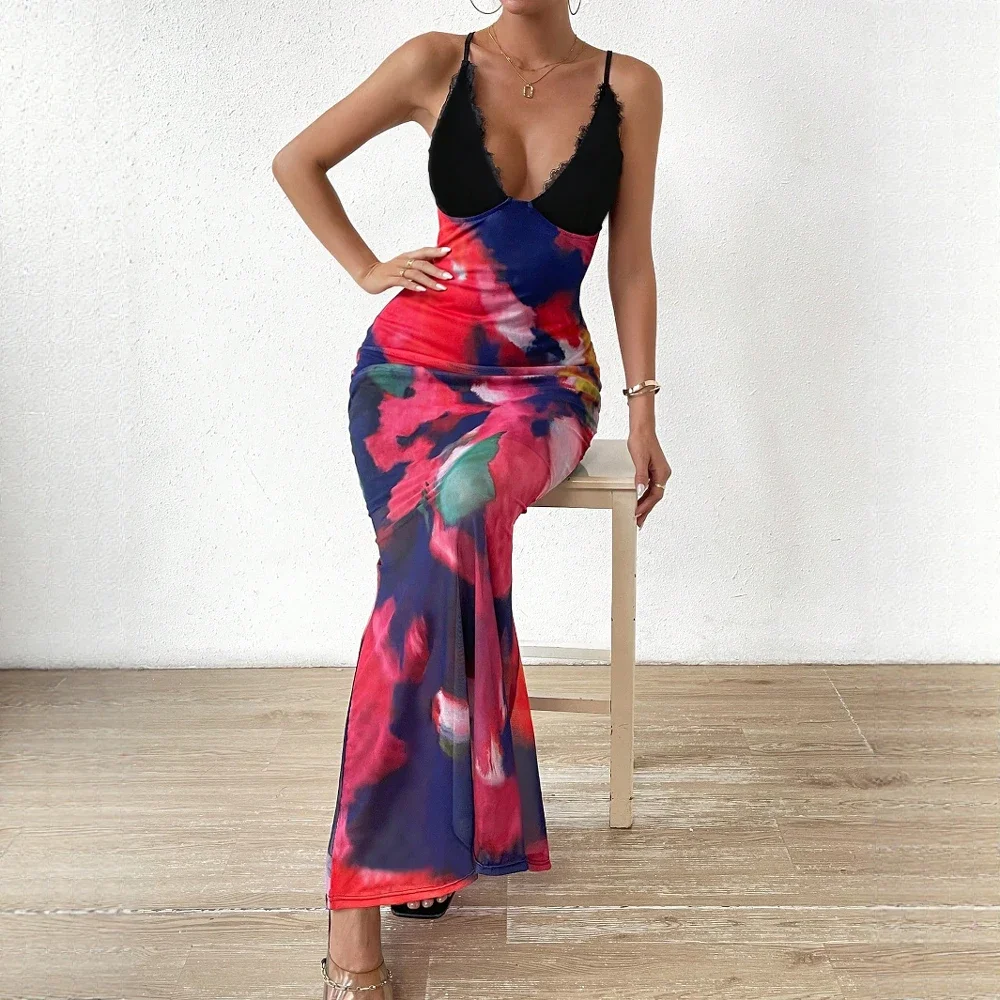 女性のサマードレス蒸し暑いエレガンス花柄 V ネック半袖フィットウエストマーメイドシルエットパーティーウェア ​