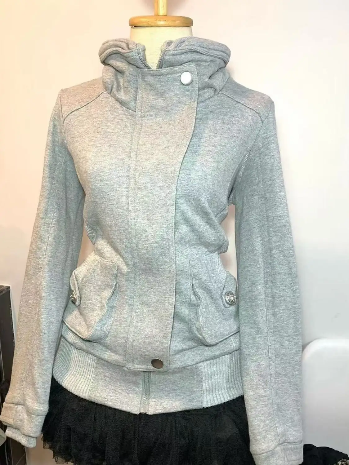 Retro grijs sweatshirt voor dames Vintage high-end mode hoodie sweatshirt lente herfst dames capuchon 2025, nieuwe damesjas