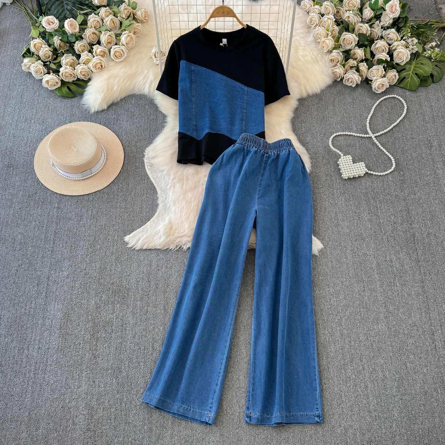 

Two Piece Sets Women Pant Set Matching Sets Short Sleeve Tops Denim Splice Wide Leg Long Pants Elastic Waist Y2k Casual 2025