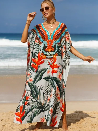 Imagen 2 del producto Caftán con estampado Tropical para mujer, traje de baño elegante, Maxi bata, trajes de baño para vacaciones, gran oferta, envío directo