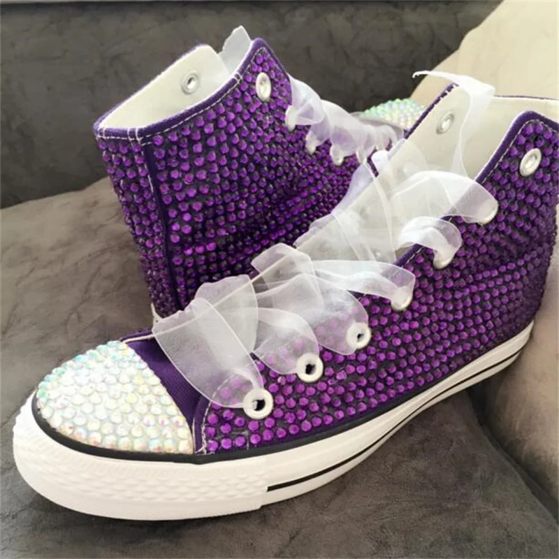 Original purple ribbon full diamond party espadrille handcrafted large size high top casual sports women\'s shoes 35-44