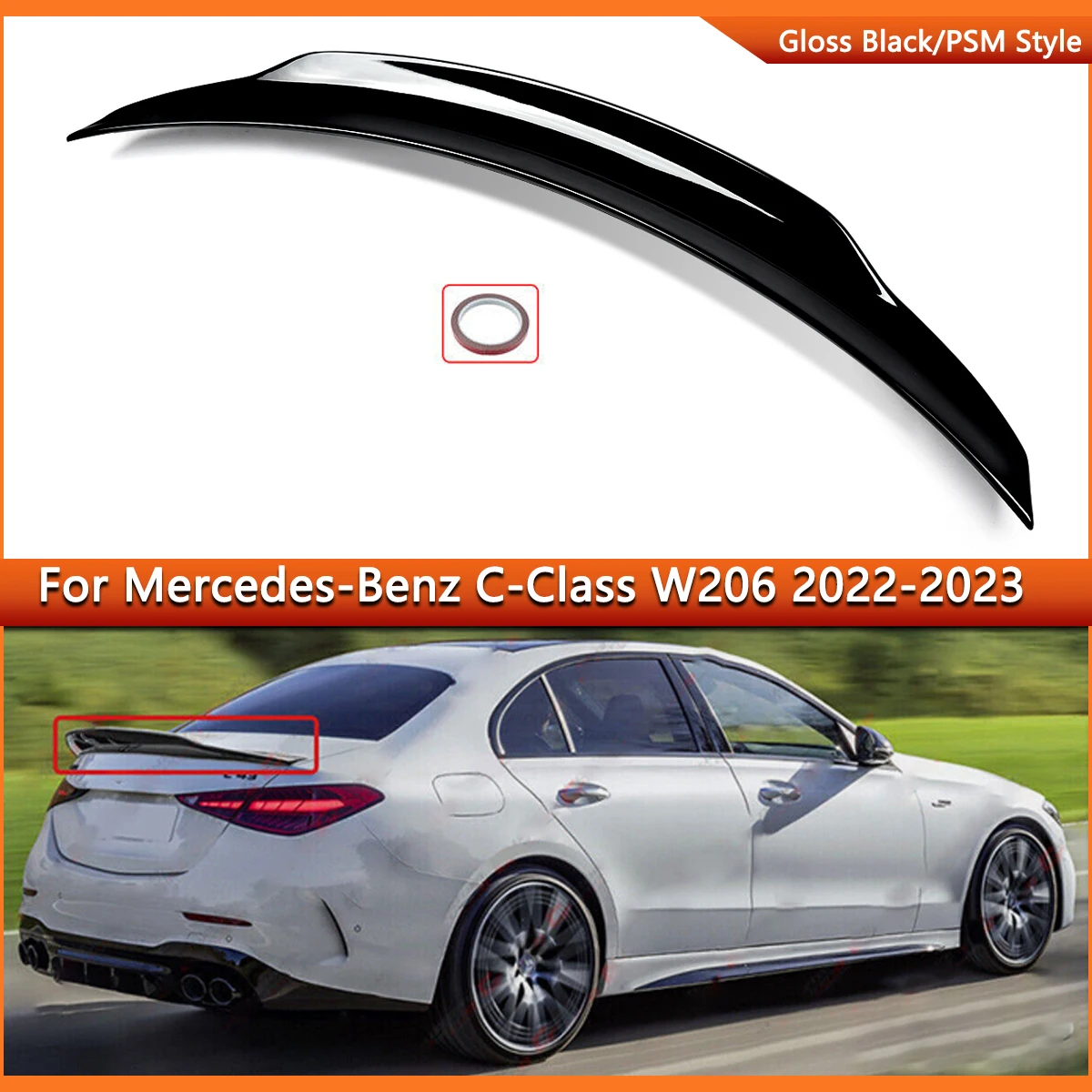 Rear Tail Wings For Mercedes Benz W206 C300 Sedan 2021-2023 PSM Style Trunk Spoiler Glossy Black