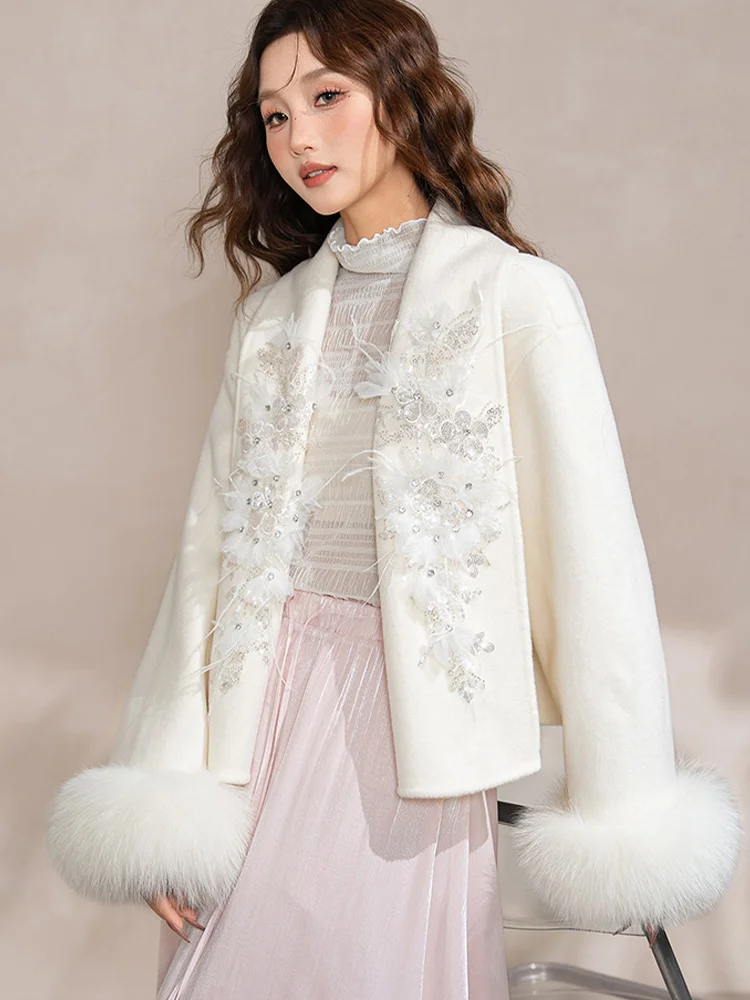 เสื้อโค้ทขนสุนัขจิ้งจอกแท้สำหรับผู้หญิง ฤดูหนาว ปี 2025  ผ้าขนสัตว์แคชเมียร์  ปักลาย  เสื้อคลุม