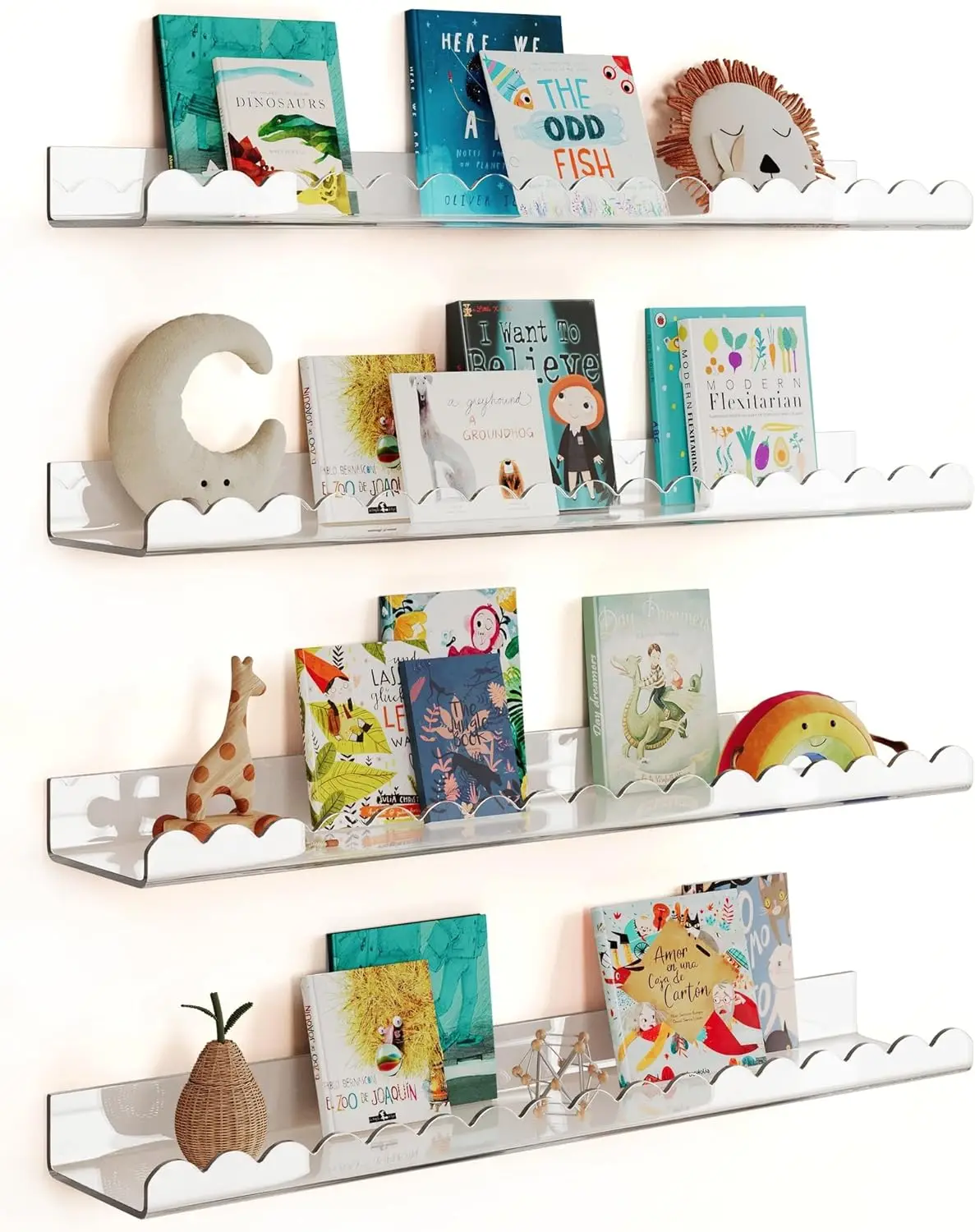 4 Pack Clear 23 Inches Acrylic Book Shelf for Kids Room, Floating Kids Book Shelves for Wall, Nursery Book Shelves, Maga