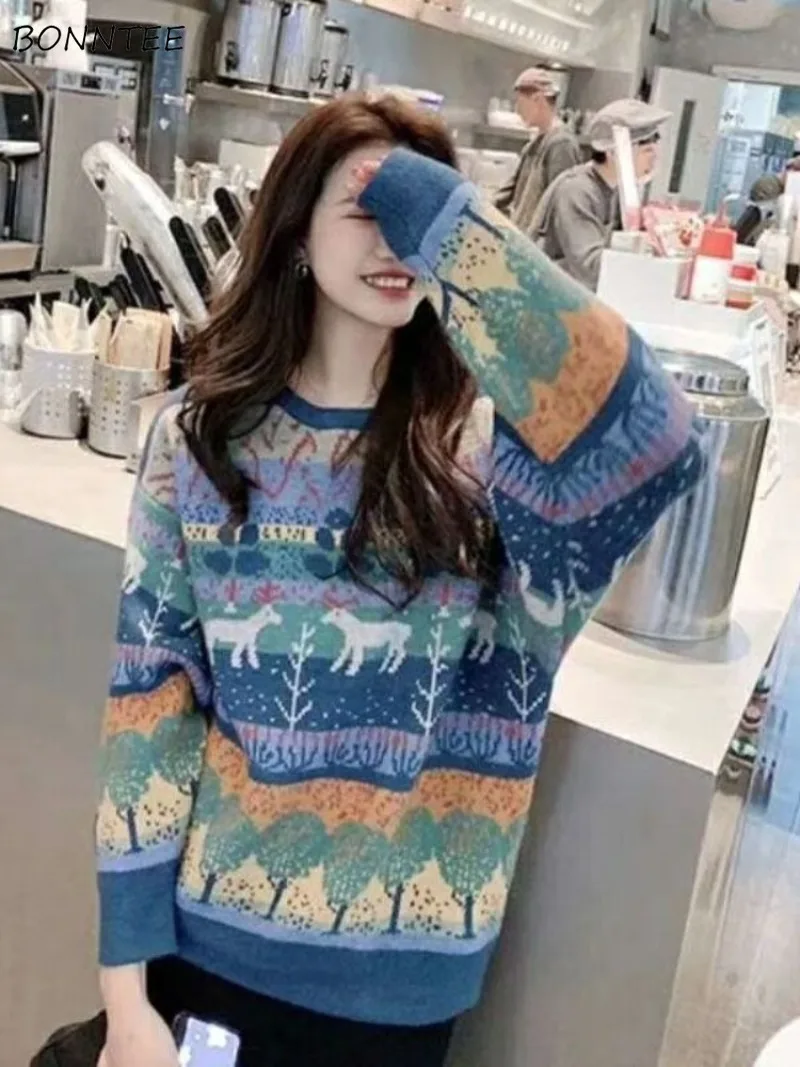 

Pullovers Women Knitted Loose Fit Vintage O-neck Autumn Winter Sweaters Popular All-match Daily Casual Harajuku Young Students