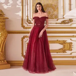 YQLNNE Vestido De Gala Wine Red Long Prom Dresses Off the Shoulder Embroidered Beaded Zipper Back Aline Formal Gown