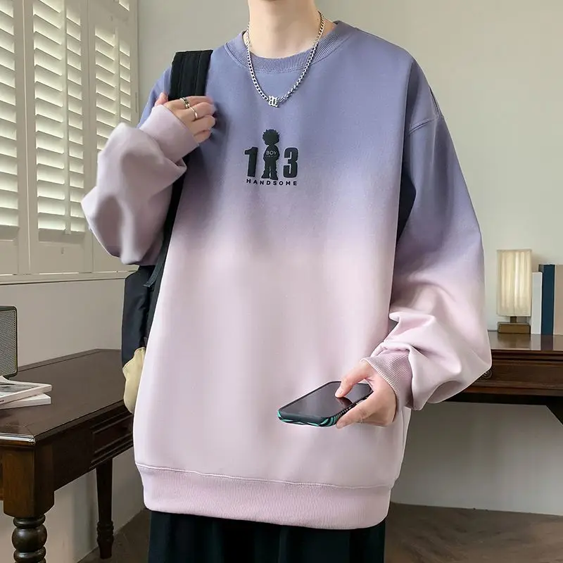 2026 Men's Gradient Long Sleeve T-Shirt Autumn Loose Crew Neck Sweatshirt Youth Casual Base Layer Streetwear Pullover Top