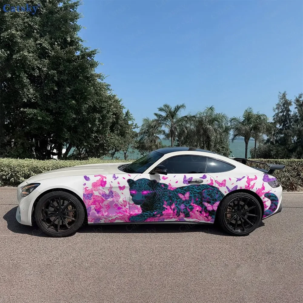 2pcs Neon Color Butterfly Leopard Car Side Wraps, Self-Adhesive PVC Waterproof & Scratch-Resistant Stickers, Car Accessory Gift
