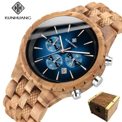 KUNHUANG-Reloj de madera multifunción para hombre, cronógrafo luminoso de cuarzo, hecho a mano, de lujo, con logotipo personalizado