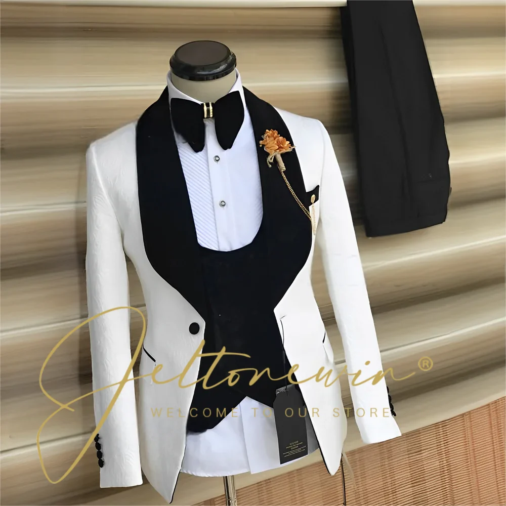 Pink Jacquard Men Suit Slim Fit 3 Pieces Black Velvet Shawl Lapel Wedding Tuxedos Prom Male Clothing Costume Homme