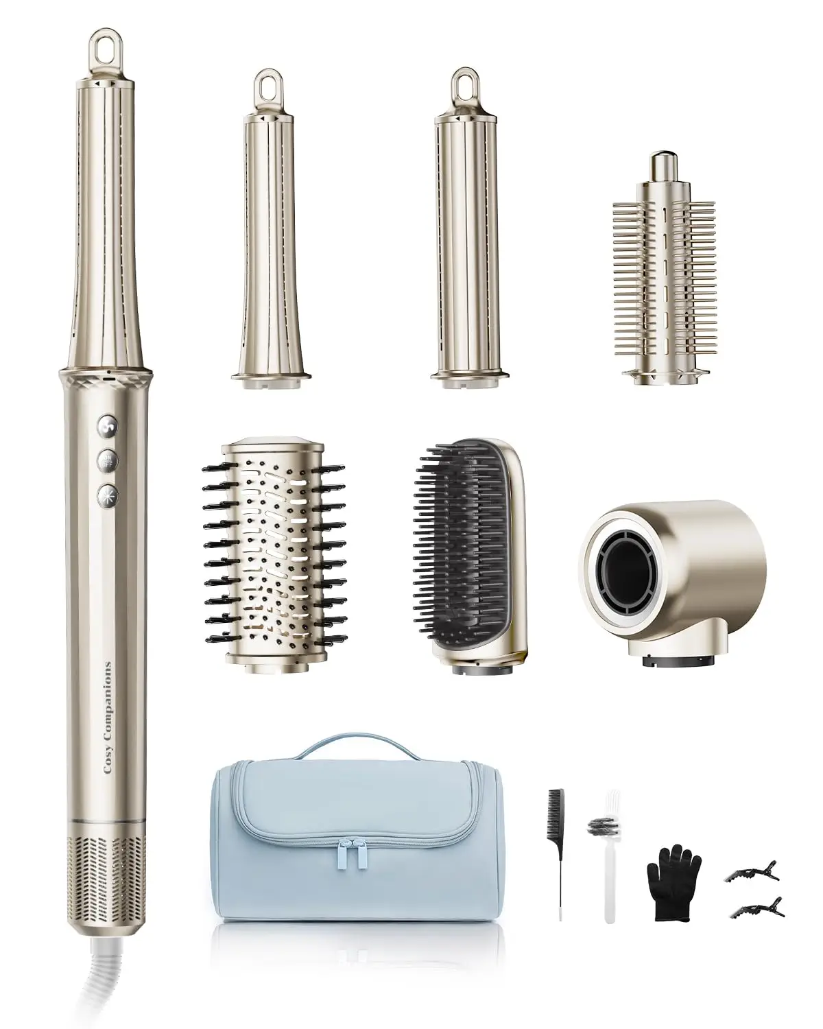Cepillo Secador de Pelo 6 en 1, Secador Iónico Negativo de Alta Velocidad de 150 000 RPM para Secado Rápido, Rizado, Volumen y Alisado con Bolsa de Viaje, Dorado