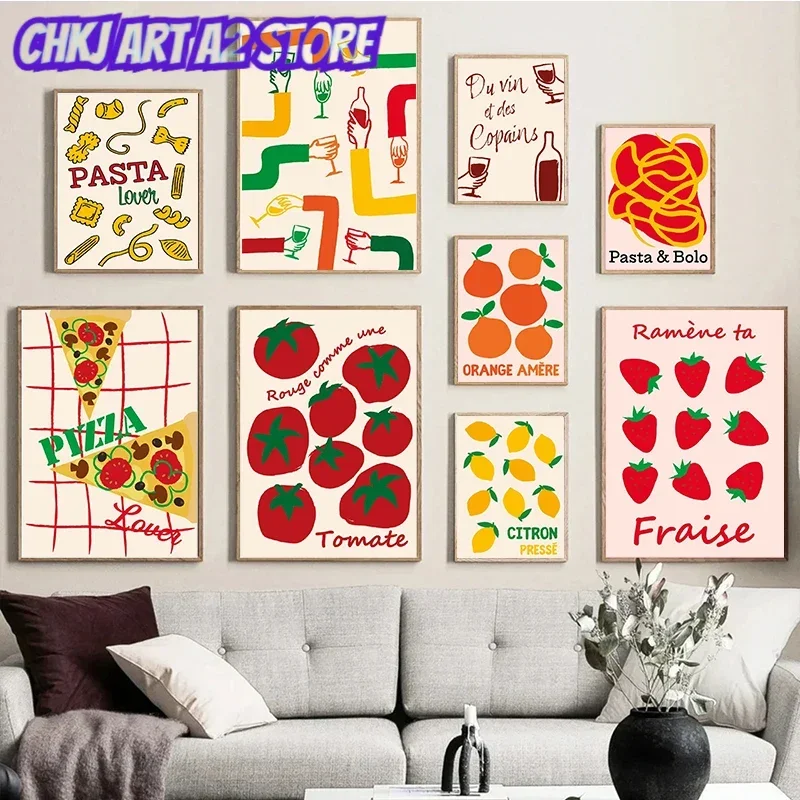 Kitchen Lemon Orange Strawberry Pizza Aperitif Good Wine Poster Print Wall Art Pictures Canvas Painting Living Room Home Deco