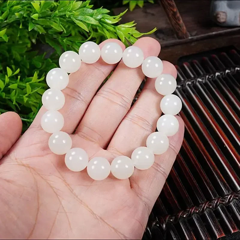 

UMQ Natural Hotan Jade Sheep Fat White Jade Single Circle Women's Round Bead Bracelet Transfer Jewelry Gift
