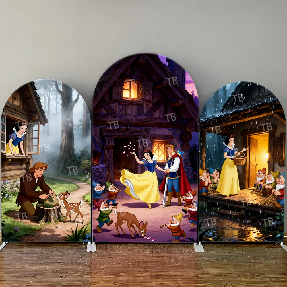 

Disney Snow White Prince & Seven Dwarfs Forest Cottage Arch Backdrop Cover Decor Photo Booth Prop for Birthday and Baby Shower
