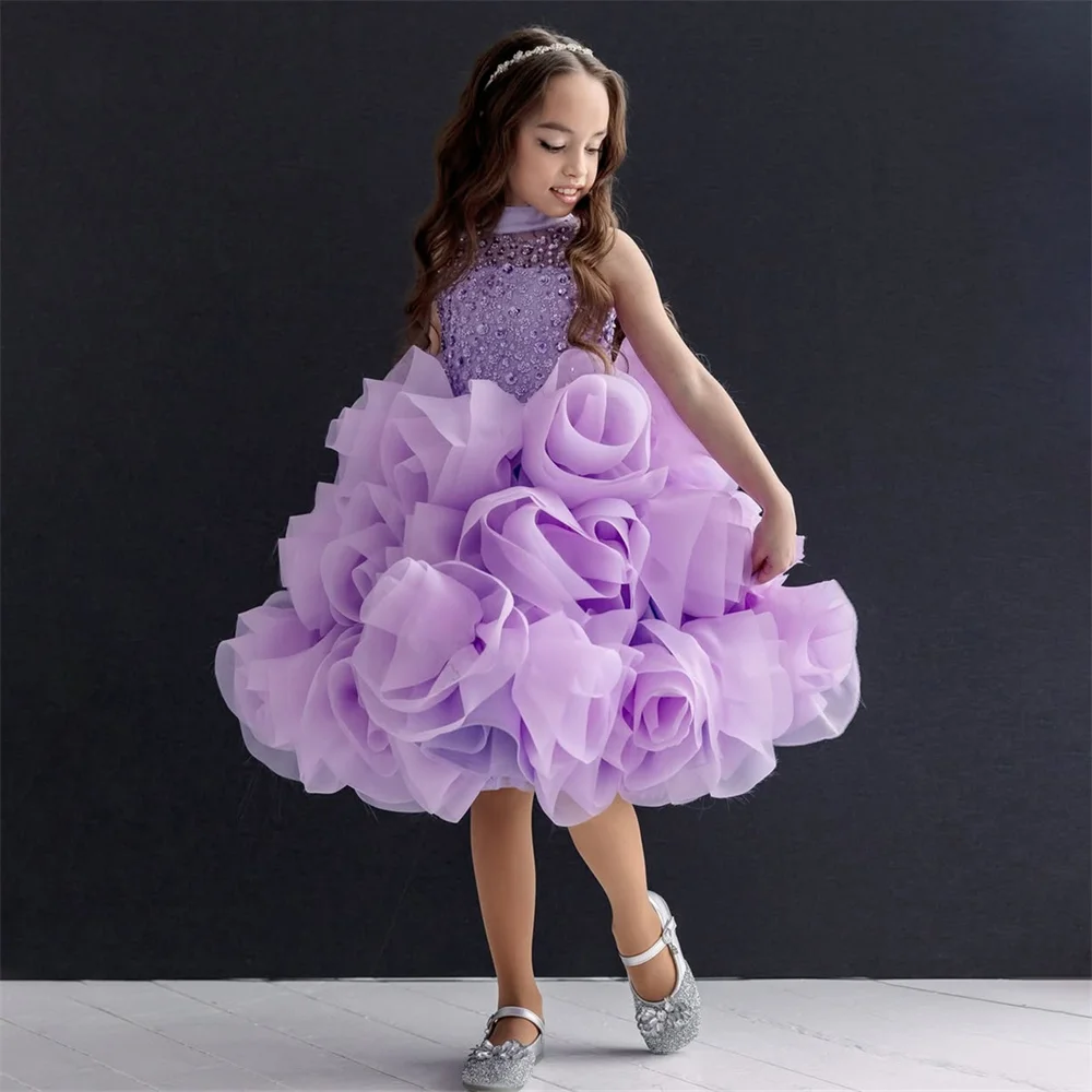 

Crystals Luxury High Neck Sleeveless Pleat A Line Flower Girl Dress Knee Length Formal Elegant First Communion Gown Customized