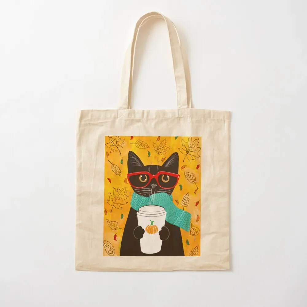 

Autumn Pumpkin Coffee Cat Tote Bag Canvas Lady bags Handbags shopper bag woman Bag