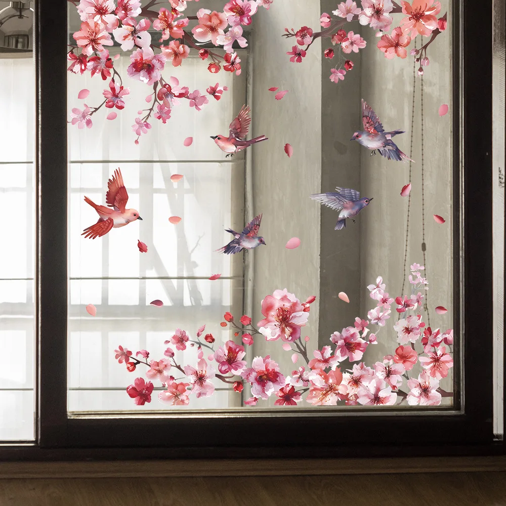 Stylish and convenient beautiful peach tree branches bird glass Windows home beautifying decoration