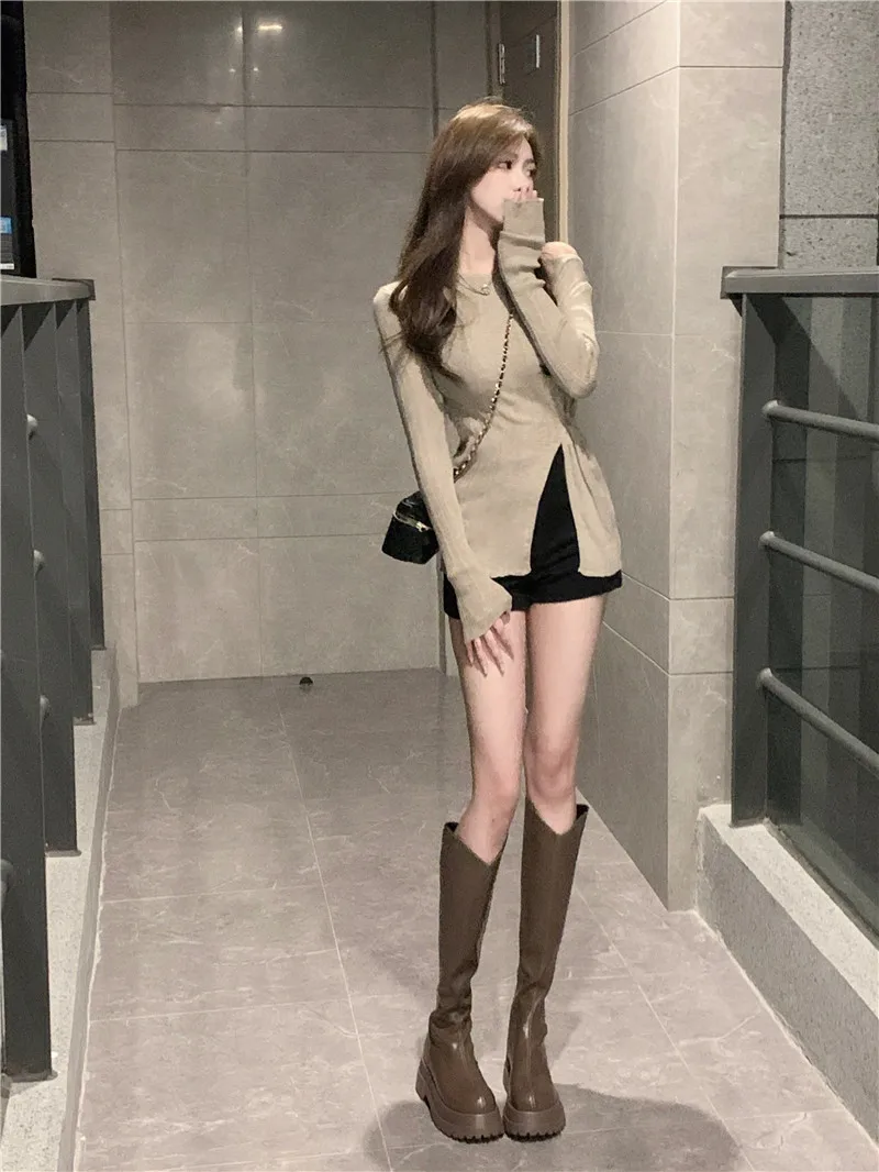 Slimming Korean Style One Shoulder Long Sleeve Knitted Sweater Women's Inner Wear Slit Design Commute Style Pure Color